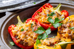 Stuffed peppers with ground meat and provolone cheese