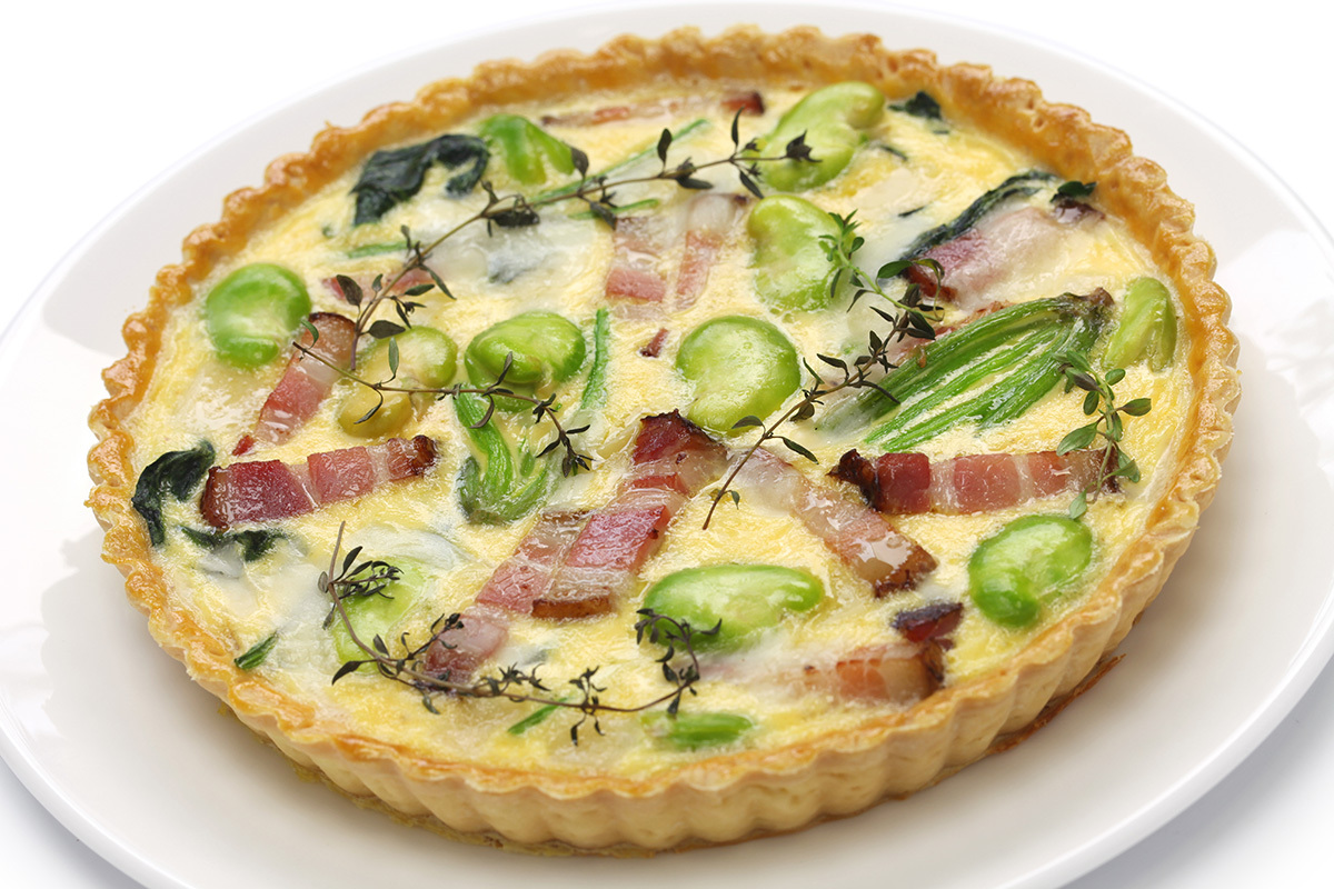 Omelette with broad bean, crispy bacon and calabrian pecorino cheese