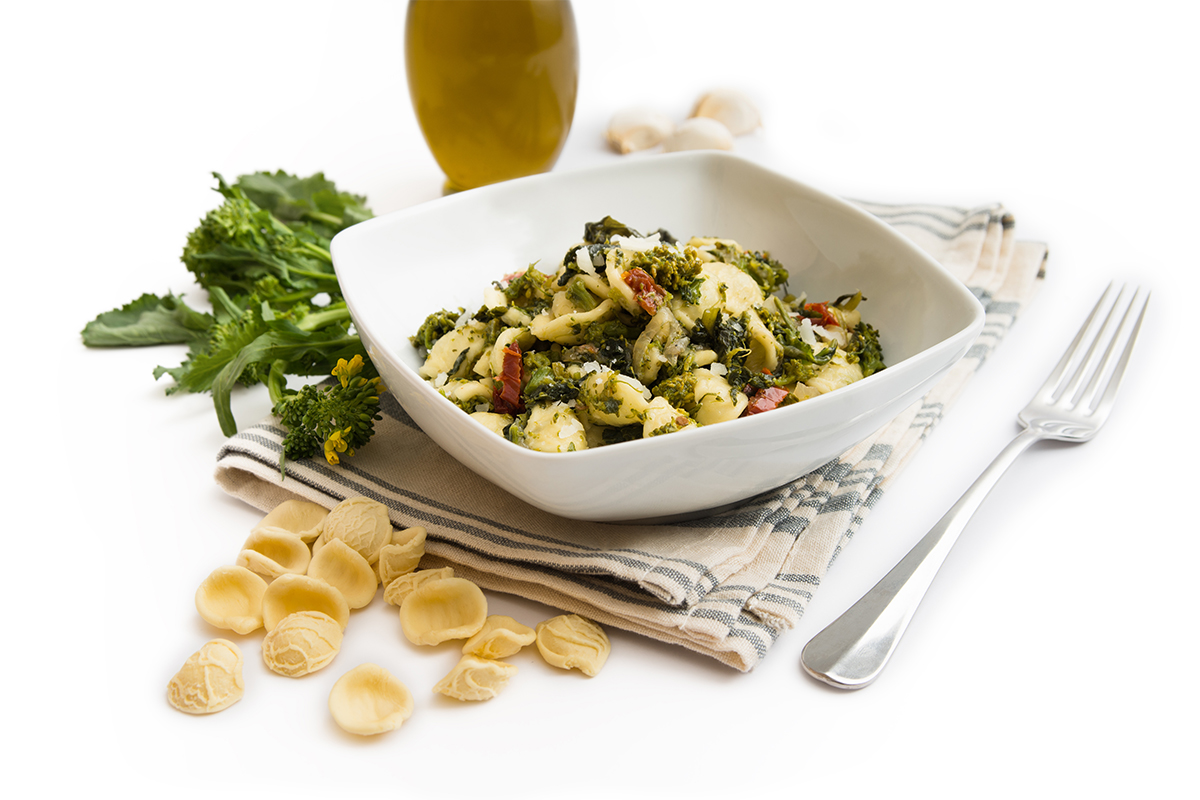 Pasta with turnip greens and bacon